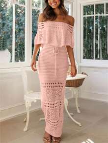 2026 Summer Women's New Elegant Tie-Waist Off-Shoulder Hollow-Out Knit Maxi Dress, Pink - Women's Vacation Wear, Spring Outfits, Street Style, Elegant Dresses, Women's Cruise Wear, Beach Outfits, Party Dresses, Birthday Outfits, Festive Clothing, New Year's Eve Outfits, Business Casual - Pink - View 6