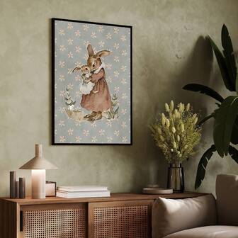 1pc Mother Rabbit Hugging Baby Bunny Wall Art Picrture Vintage Watercolor Style Print Canvas Paintings Boho Aesthetic Posters Cute Animal Family Wall Decor For Nursery, Kids Room, Spring Home. Easter Gift Framed Or Unframed