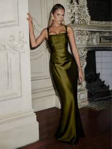 优雅缎面束腰系带紧身吊带裙，长款礼服，适合万圣节派对、鸡尾酒会、圣诞派对