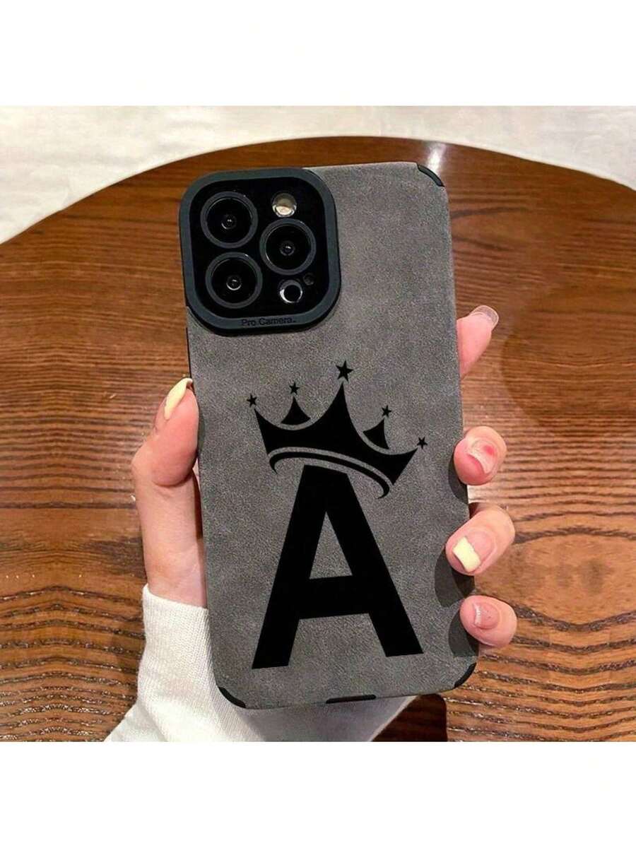Funda de Teléfono con Patrón de Letra A Corona para iPhone 16 16Pro 16Pro Max 16 Plus 15Plus XS XS Max resistente a impactos cuero sintético duradero cubierta hermosa y elegante protector de smartphone navidad - Gris - Ver 1