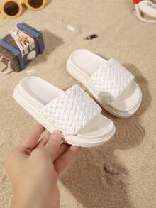 儿童时尚拖鞋，新款夏季加厚编织软底设计，时尚舒适平底拖鞋，男女通用 - 米色 - 查看 3