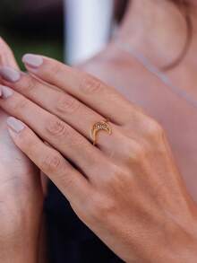 Charm-In 1pc Fashionable Minimalist 18K Gold Plated Brass Hollow Moon, Hollow Heart, Infinity Symbol Zirconia Inlaid Women's Quality Ring, Multiple Sizes, Valentine's Day/Mother's Day Gift - Gold - View 2