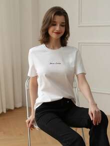 Women Loose Casual Letter Print Scoop Neck Drop Shoulder Short Sleeve T-Shirt, Summer