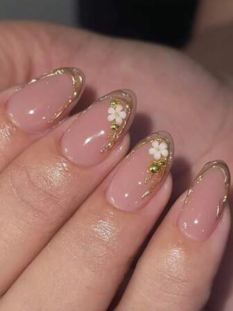 24片3D立体装饰美甲贴片，花朵造型，杏仁形，短款，美甲套装包含1张粘性贴片和1个迷你指甲锉，适合日常佩戴。