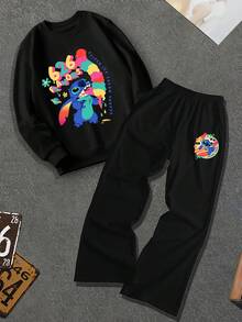 Disney مجموعة من قطعتين للرجال بتصميم الشارع: بلوزة رياضية مع رسومات خياطة وبنطال واسع، ملابس كاجوال - الأسود - مشاهدة 4