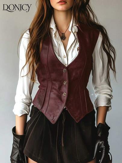 DONICY جاكيت كاجوال صلبة بأزرار أمامية على الخصر من PU للنساء، جاكيت PU بدون أكمام باللون الأحمر بتصميم رسمي بسيط للنساء، تصميم خصر من جلد اصطناعي بقصة ضيقة بطراز كاجوال عتيق، مناسبة للطبقات في الربيع/الصيف، الشارع، الحفلات، المواعيد وغيرها من المناسبات اليومية، أزياء عيد الحب والكرنفال