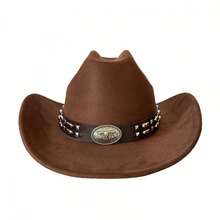 Felt Cowgirl Hat Stylish Decorative Studded Bull Head Belt Western Hat Wide Brim Jazz Cap - Reddish Brown - View 6