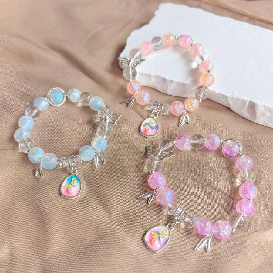 3pcs Fashionable Gradient Beaded Dragonfly Pendant Bracelet, Suitable For Women's Daily Wear - Blue + Purple + Pink Yellow - View 1