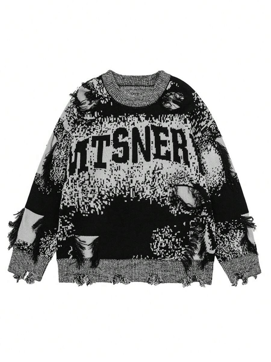 1 peça de suéter americano com franjas contrastantes e furos, suéter de malha plus size