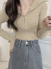 女士修身百搭拉链半领长袖针织毛衣 - 杏色 - 查看 5