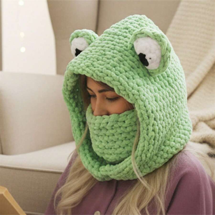 Women Hat Scarf Combo, Cute Frog Soft Warm Knit Balaclava Winter Neck Warmer Fashion Accessories - 綠色 - 查看 1