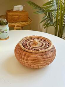 Vintage Rattan - Woven Storage Jar With Lid - Hand - Woven Multi - Purpose Storage Box, Suitable For Storing Tea, Snacks, Dried Fruits, Candies, Desserts - Natural Rattan Decorative Storage Container For Living Room Tabletop - Brown - View 7
