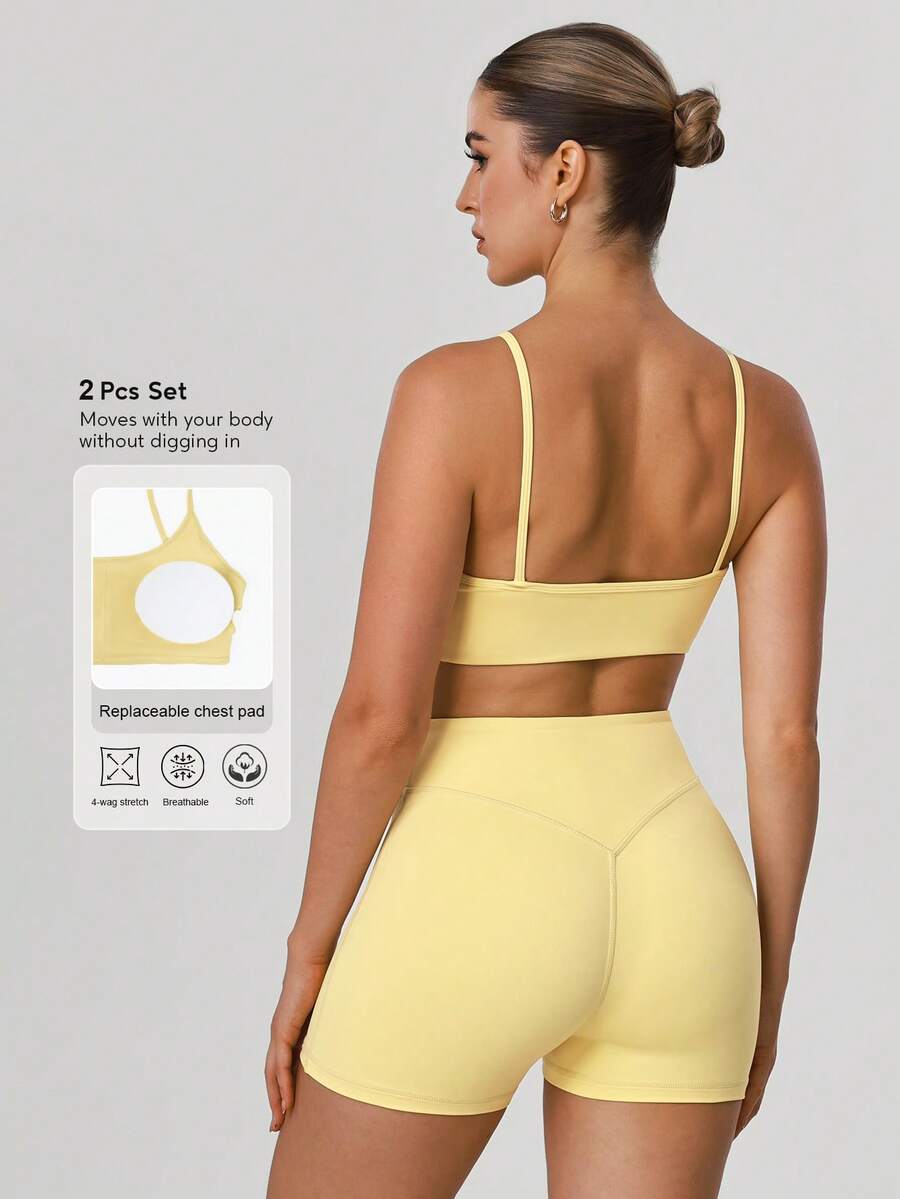 Sodalemon 2pcs Women's Fitness Set, Including Padded Sports Bra Without Straps, Seamless Outdoor Cycling Shorts, And Elastic Fitness Training Sports Suit - 黃色 - 查看 1