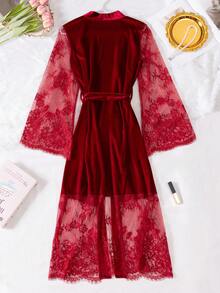 Velvet Lash & Lace Patchwork Sexy Lingerie Casual Long Robe - Burgundy - View 7