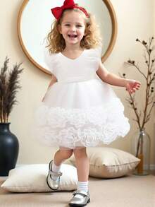 Váy hoa bé gái bằng vải satin lưới họa tiết hoa trơn màu thanh lịch không tay cho tiệc cưới, không bao gồm băng đô - trắng - Xem 4