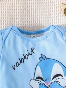 3件套新生儿可爱兔子印花户外休闲连体衣，短袖夏季连体衣 - 淺藍色 - 查看 4