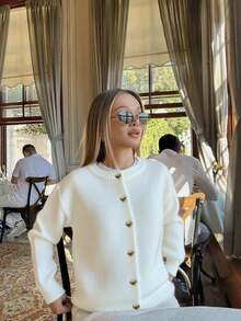 女士秋冬新款法式浪漫休闲百搭简约别致心形图案针织开衫 - 白色 - 查看 3