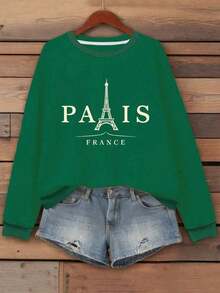 -2026Women's Plus Size Paris Eiffel Tower Graphic Sweatshirt - Heather Gray Casual Long Sleeve Round Neck Pullover, Machine Washable Autumn Winter French-Inspired Top, Everyday Comfort Apparel |     Opaque MaterialSoft And Breathable-Women's Long-Sleeved Sweatshirt.Women's Long-Sleeved Sweatshirt - 綠色 - 查看 12