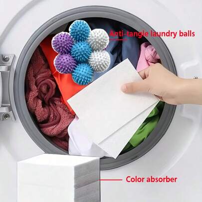 50/100pcs Color Absorbing Paper+1/3pcs Anti Entanglement Ball, Color Absorbing Paper Prevents Dye Transfer And Enhances Fabric Softness And Brightness In Mixed Washing - Anti Entanglement Waist Ball Can Be Reused, Anti Clothing Entanglement Is Gentle, Household Clothing Ball Anti Entanglement Laundry, Random Color Laundry Ball - Reduces Clothing Wrinkles, Washing Machine Accessories