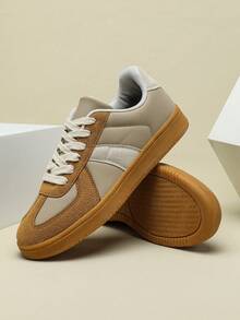 Women's Flat Casual Sneakers, Light Brown Color-Blocked Rubber Sole Sneakers, No Print, Lace-Up Style, Suitable For Both Men And Women As Couple Shoes, Outdoor Hiking Casual Shoes, Ideal For Holiday Gifts - Light Brown - View 6