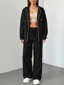 两件套纯色休闲拉链连帽衫套装，适合海滩、办公室、运动、居家、街头、春季、秋季、冬季、毕业典礼、返校、女教师、秋季服装、冬季服装、万圣节服装、沙特国庆日服装（黑色）。 - 黑色 - 查看 5