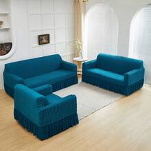 AMOROSA 3 Pieza Funda Cubre Sala con Falda Tipo Plumeti Funda de Sofá Lavable Elástica Fácil de Instalar Fundas para Sillones Sala  (1 plaza, 2 plazas, 3 plazas) Decoración Sala - Verde bosque - Ver 2