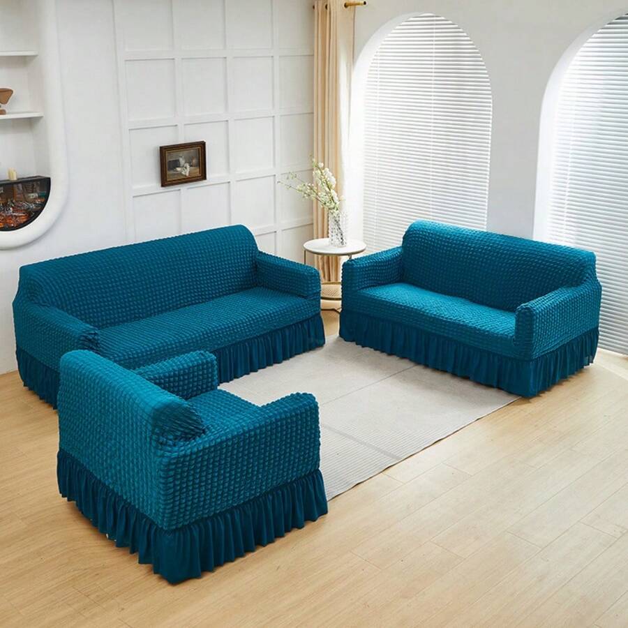 AMOROSA 3 Pieza Funda Cubre Sala con Falda Tipo Plumeti Funda de Sofá Lavable Elástica Fácil de Instalar Fundas para Sillones Sala  (1 plaza, 2 plazas, 3 plazas) Decoración Sala