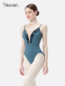 DonsGirl 女士芭蕾舞紧身衣 - 天鹅绒拼接V领高开衩设计，专业体操和花样滑冰表演服 - 藍色 - 查看 6