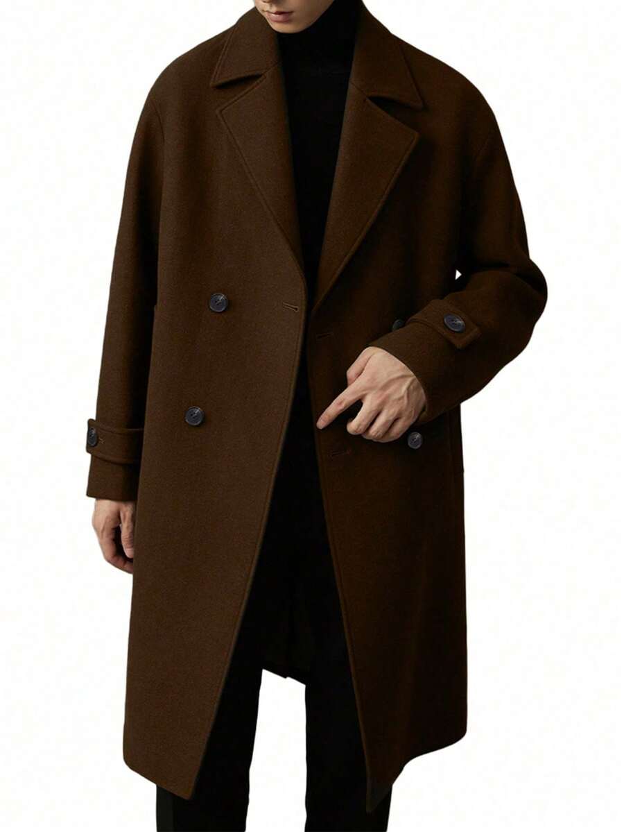 معطف صوف متوسط الطول من لون واحد كلاسيكي، بأزرار على الجزء الأمامي، بتصميم عتيق ذو مظهر نقود قديمة، مناسب للتنقل والاستخدام اليومي والأنشطة الترفيهية، تصميم بسيط وعملي - شوكولاته بني - مشاهدة 1