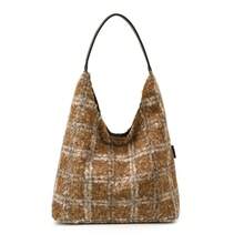 Bolso de mano a cuadros para mujer, moderno y de gran capacidad, de terciopelo, ideal para viajes diarios. - Caqui - Ver 4
