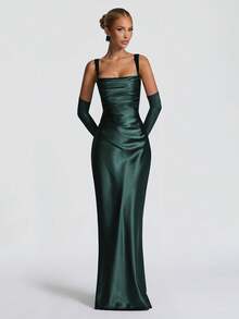 Elegant Satin Cinching Waist Lace Up Bodycon Slip Dress, Long Gown For Halloween Party, Cocktail Party, Christmas Party, Valentine's Day - Dark Green - View 1