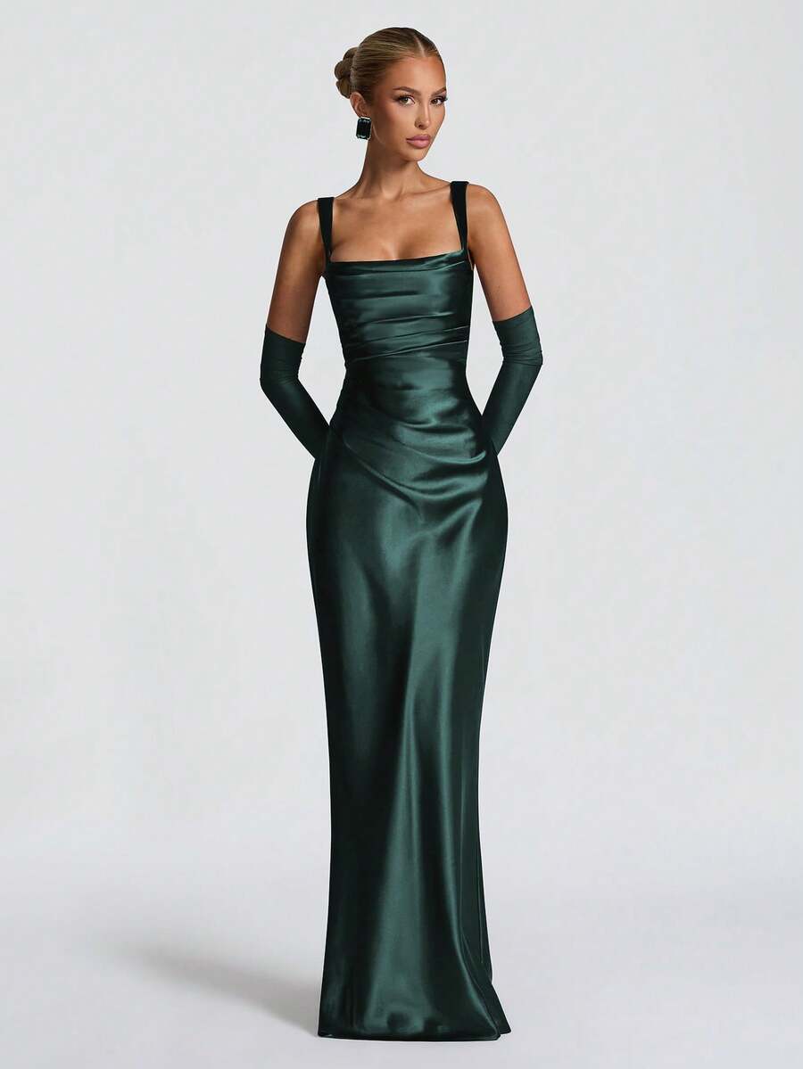 Elegant Satin Cinching Waist Lace Up Bodycon Slip Dress, Long Gown For Halloween Party, Cocktail Party, Christmas Party, Valentine's Day - Dark Green - View 1