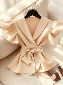 Blusa elegante de cuello en V, unicolor, con mangas de vuelo, cintura ceñida y faja desmontable para el verano - Albaricoque - Ver 3