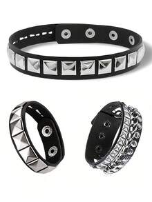 Punk Rock Faux Leather Studded Necklace Bracelet Set, Unisex Choker Wristband For Daily, Festival, Party Outfit, Gothic Choker Bracelet Set
