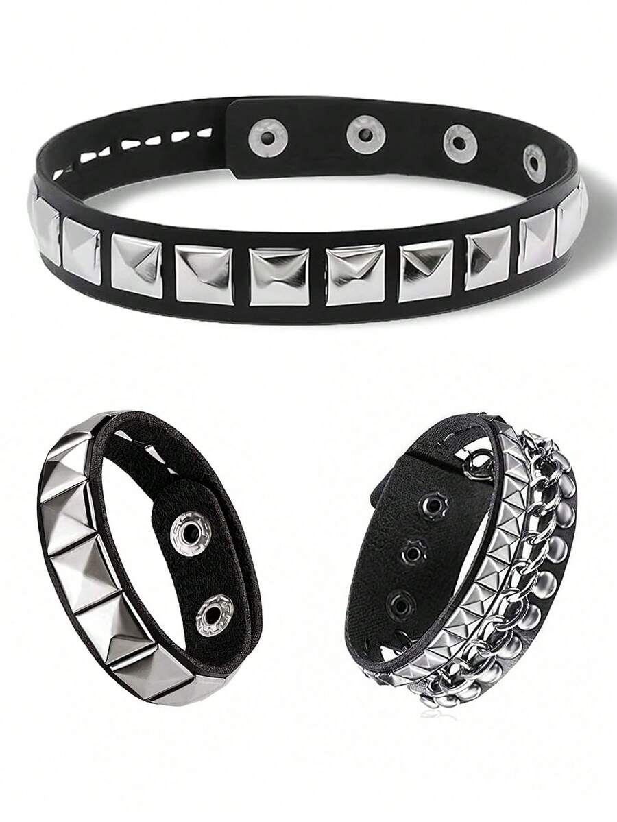 Punk Rock Faux Leather Studded Necklace Bracelet Set, Unisex Choker Wristband For Daily, Festival, Party Outfit, Gothic Choker Bracelet Set