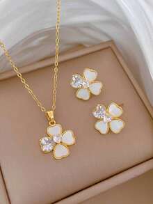 1 Set Stainless Steel Zirconia Four-Leaf Flower Pendant Necklace & Earrings Fashion Jewelry Set, Versatile Lightweight Luxury Elegant Design Necklace Earrings Jewelry, Gift Accessories - Gold - View 5