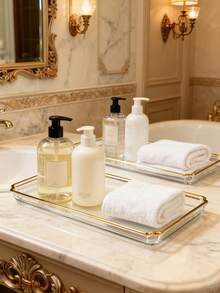 1 صينية حمام، صينية تخزين أنيقة ذات حافة ذهبية شفافة، طبق منظم للمناشف والعطور وكوب الشطف وغيرها من مستحضرات التجميل، صينية منظم متعددة الوظائف مناسبة للحمام وطاولات غرفة المعيشة - متعدد الألوان - مشاهدة 3