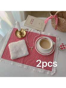 1pc/6pcs Red Small Plaid Lace Edge Placemats, Decorative Tablecloth, Photography Backdrop, Napkin