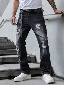 Men's Slim Fit Stretch Distressed Washed Denim Jeans, Casual American Street Style, All Season - Grey - View 6