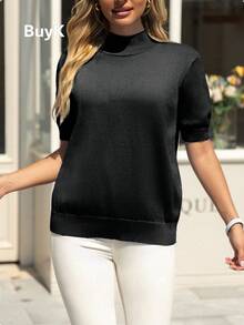 【上衣】BuyK 大码女式优雅高领短袖针织毛衣，柔软面料，经典百搭，适合多种场合，黑色夏季款 - 黑色 - 查看 4