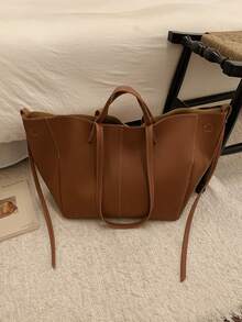 BEIKAMU 时尚纯色 PU 大容量手提包，双提手女士手提包单肩包，适合大学、通勤、购物、度假、散步、日常使用 - 棕色 - 查看 4