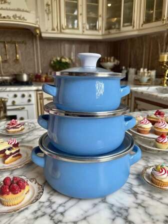 3pcs Enamel Cookware Set - Multifunctional Lightweight Cookware With Glass Lids, Suitable For Soup, Stew And Cooking - Durable Kitchen Essentials For Home And Restaurant Use