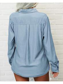 Women's Solid Long Sleeve Blouse, Button Down Lapel Shirt, Casual Office Basic Top - Xanh nhạt - Xem 4