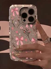 Étui de téléphone à motif de nœud papillon rose luxueux et de branche, avec protection complète, compatible avec 17 ProMax, 17 Pro, 17, Air, 17, 16, 15, 14, 13, 12, 11 Pro Max Plus, protection de l'objectif avec strass, coque arrière souple et protectrice, idéal comme cadeau pour les filles - Transparent - Voir 5
