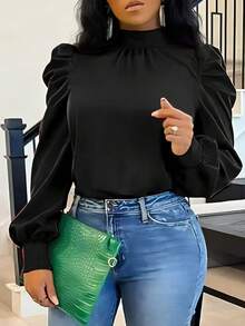 女士通勤百搭褶裥宽松长袖上衣 - 黑色 - 查看 1