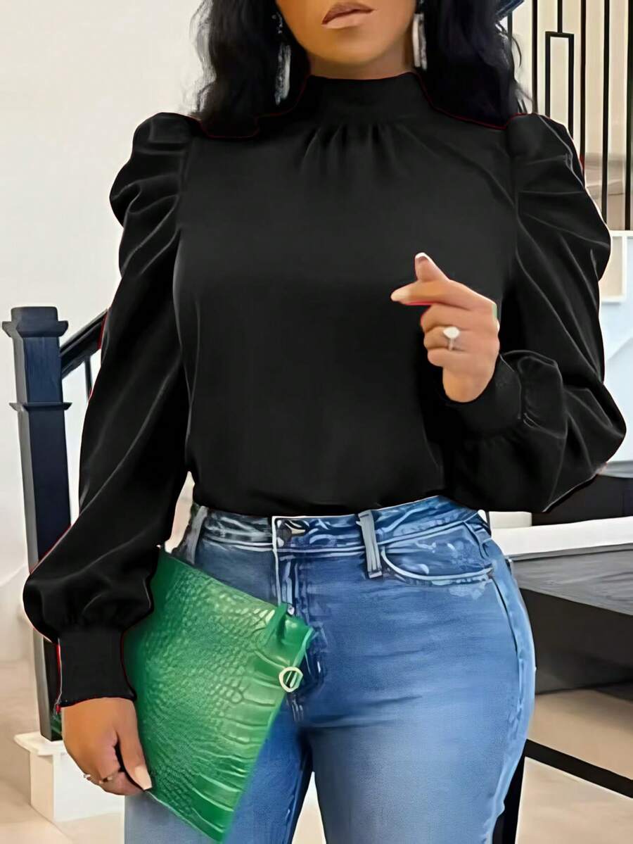 女士通勤百搭褶裥宽松长袖上衣 - 黑色 - 查看 1