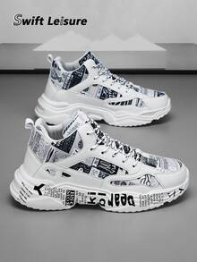 Men's Fashion Colorblock Random Graffiti Letter Patchwork Front Lace-Up High Top Sneakers, Comfortable Casual Outdoor Shoes For Hiphop Youths