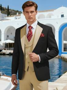 Men's Suits Slim Fit 6 Piece Suits For Men Double Breasted Suit With Tie Brooch Pocket Square Wedding Suits Jacket Vest Pants Tuxedo Suit Set(Suits+Pants+Vest+Tie+Brooch+Pocket Square)For Business Dinner Wedding Party, Suitable For Formal Occasions, Perfect Gift For Business Professionals Spring/Summer/Fall, Formal Attire|Sleek Formal Attire|Nonstretch Fabric - Rượu sâm banh đen - Xem 7