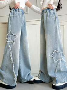 少女休闲水洗五角星刺绣牛仔裤，秋季款 - 藍色 - 查看 5