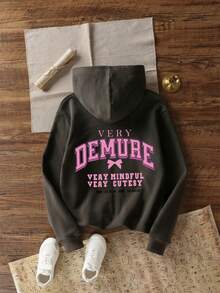 少女印花保暖连帽卫衣，秋冬季保暖舒适 - 深灰色 - 查看 2